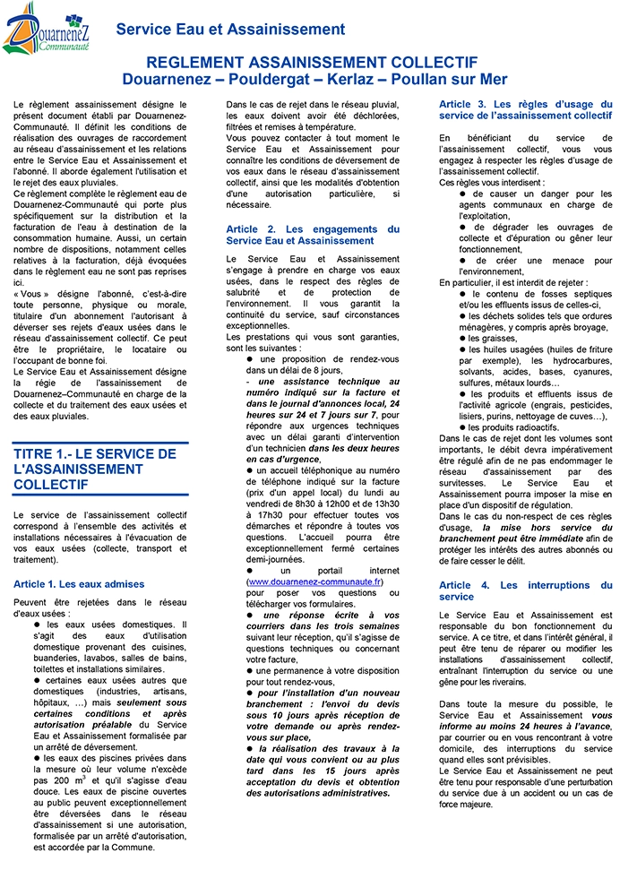 couverture reglement assainissement collectif Douarnenez communaute eau assainissement